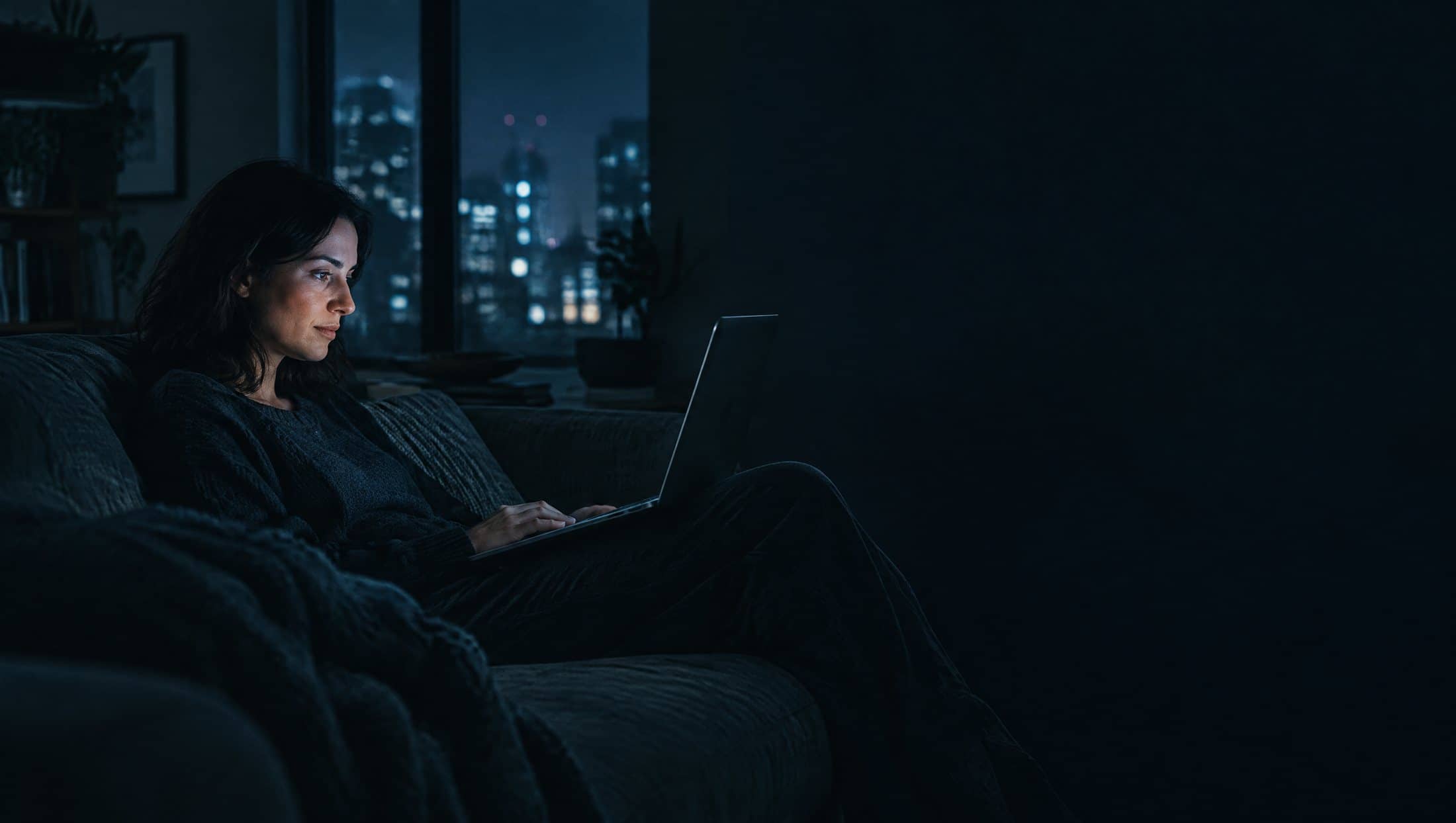 AI-generated image of a woman on a sofa at night, lit by a laptop whose screen faces away. She is not a real person.