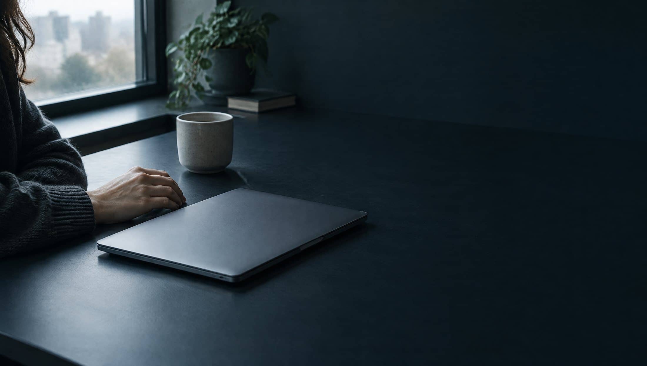 AI-generated image of a closed laptop and a cup on a dark desk in morning light, with a hand resting beside them.